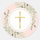 Sticker Rond Croix d'or simple Aquarelle verte rose pâle (Devant)