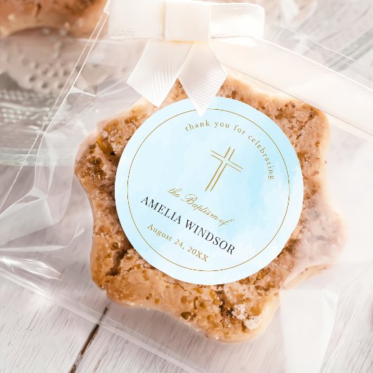 Sticker Rond Croix d'or simple élégant Baptême Christening
