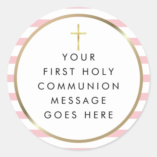 Sticker Rond Croix d'or - Stripe rose Message de Communion (Devant)