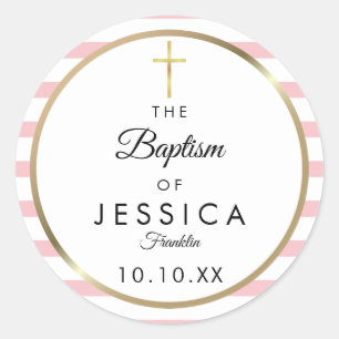 Sticker Rond Croix dorée Baptême rayure rose