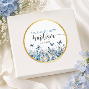 Sticker Rond Croix dorée élégante Baptême floral bleu