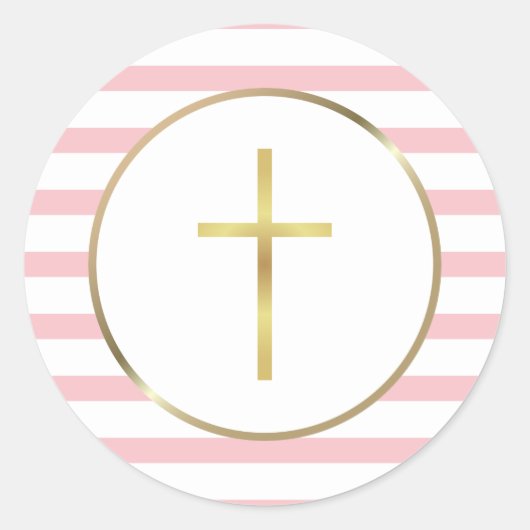 Sticker Rond Croix dorée élégante rayure rose (Devant)