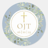 Sticker Rond Croix dorée Monogramme Initiales Verdure Bleu Pous (Devant)