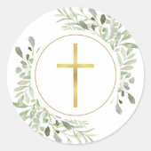 Sticker Rond Croix dorée simple aquarelle verdure (Devant)