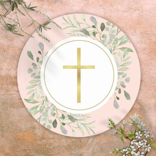 Sticker Rond Croix dorée simple aquarelle verdure rose poudré