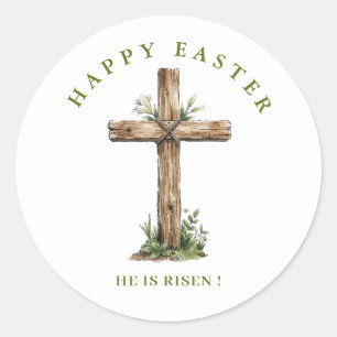 Sticker Rond Croix en bois rustique Il est ressuscité Étiquett