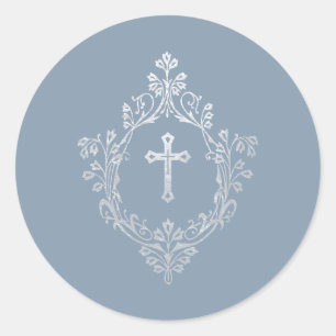 Sticker Rond Croix fausse argent poussiéreuse bleue dans un bla