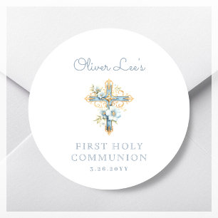 Sticker Rond Croix florale bleue Première communion sainte