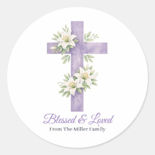 Sticker Rond Croix florale de lavande personnalisée Bénie et ai