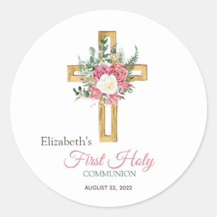 Sticker Rond Croix florale en or Roses Première communion