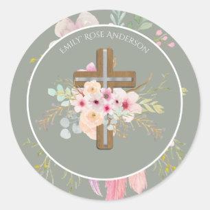 Sticker Rond Croix Florale rose Filles Baptême Fleur Jolie
