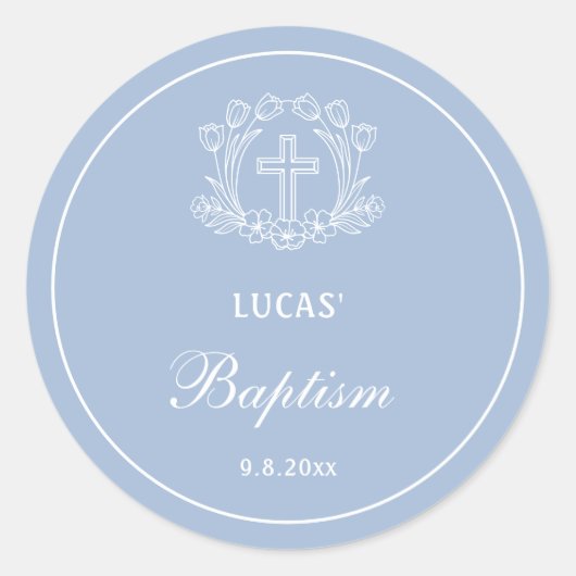 Sticker Rond Croix florale simple sur Baptême bleu clair (Devant)