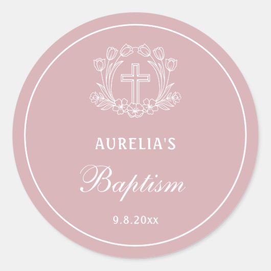 Sticker Rond Croix florale simple sur le baptême rose (Devant)