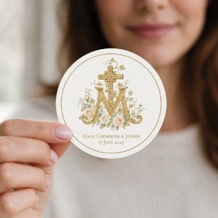 Sticker Rond Croix mariale catholique Monogramme avec des roses