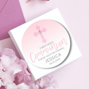 Sticker Rond Croix rose blanche moderne COMMUNION Merci fille