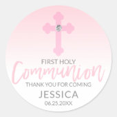 Sticker Rond Croix rose blanche moderne COMMUNION Merci fille (Devant)
