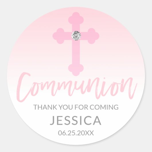 Sticker Rond Croix rose blanche moderne COMMUNION Merci fille (Devant)