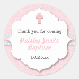 Sticker Rond Croix rose Damask fille baptême de baptême de char