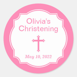 Sticker Rond Croix rose moderne baptême de baptême
