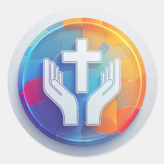 Sticker Rond Croix Sainte et mains de prière