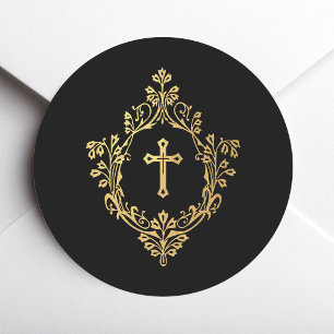 Sticker Rond Croix sur blason noir faux or religieux chrétien