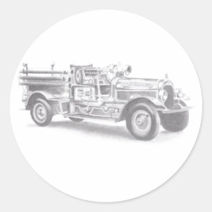 Sticker Rond croquis au crayon de camion de pompiers vintage de