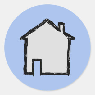 Sticker Rond Croquis de maison. Noir et bleu.
