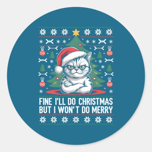 Sticker Rond Crossed Arms Cat Funny Christmas Ugly Sweater Long (Devant)