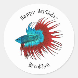 Sticker Rond Crowntail betta fish dessin animé