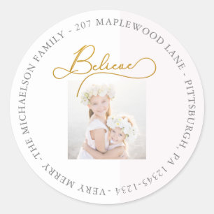 Sticker Rond Croyez avec Blush Stripe Photo Adresse de retour