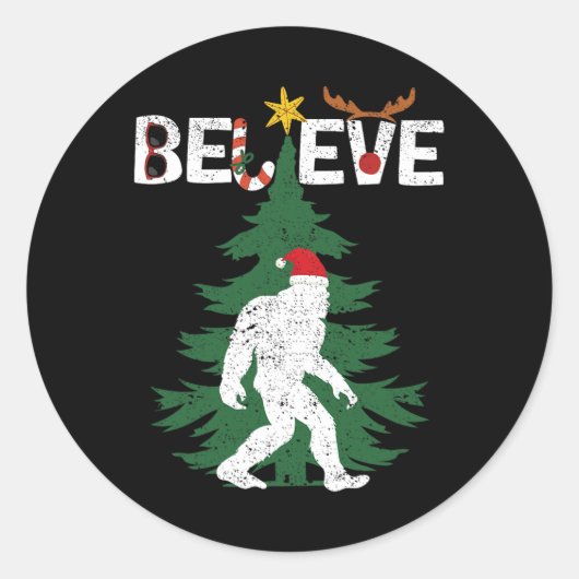 Sticker Rond Croyez Bigfoot Sasquatch Yeti Santa Hat Noël (Devant)