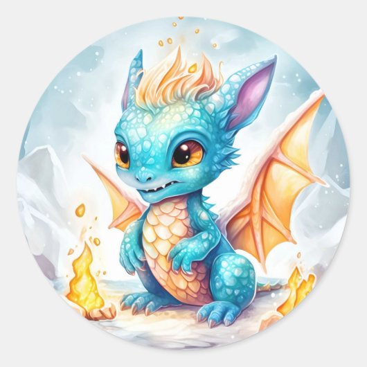 Sticker Rond Crystalized Cute Baby Dragon Bleu Bleu Bébé (Devant)