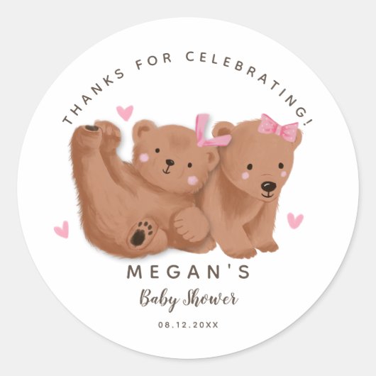 Sticker Rond Cub Twin Bears Girls Baby shower (Devant)