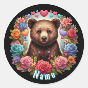 Sticker Rond Cube d'ours personnalisé avec Roses et coeurs