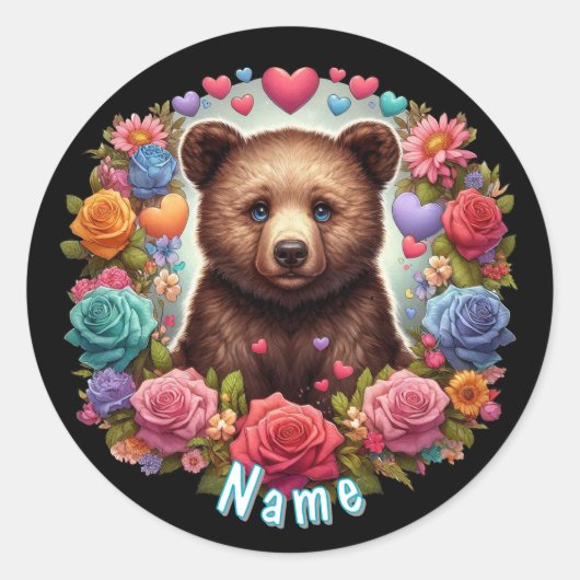 Sticker Rond Cube d'ours personnalisé avec Roses et coeurs (Devant)