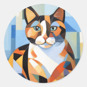 Sticker Rond Cubiste Calico Composition Chat Peinture