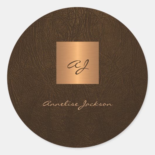 Sticker Rond Cuir élégant monogramme nom script (Devant)