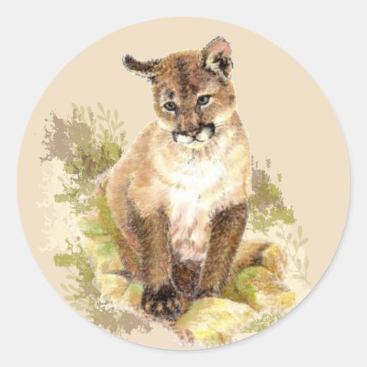 Sticker Rond Cuire Cougar Mountain Lion Chat Kitten Aquarelle (Devant)