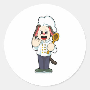 Sticker Rond Cuire le chien avec cuillère en bois et tablier de