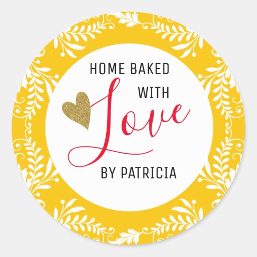 Sticker Rond Cuisiné À La Mode Avec Amour Jaune Et Blanc (Devant)