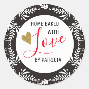 Sticker Rond Cuisine À La Mode, Cuite Avec Amour Noir Et Blanc