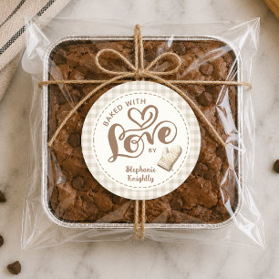 Sticker Rond Cuisiné avec amour Gingham neutre Personnalisé