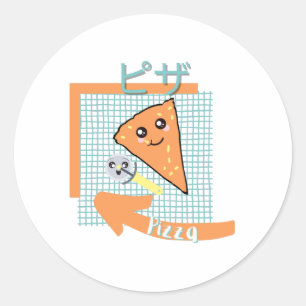 Sticker Rond cuisine kawaii - pizza mignonne, orange, turquoise