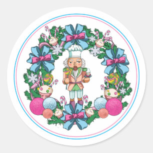 Sticker Rond Cuisine Rose Et Bleu Casse-Noisette De Noël
