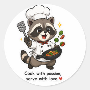 STICKER ROND CUISINEZ AVEC PASSION SERVEZ AVEC AMOUR CHEF RACCO