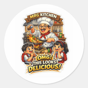 Sticker Rond Cuisinier Heureux Cuisinant De La Nourriture Délic