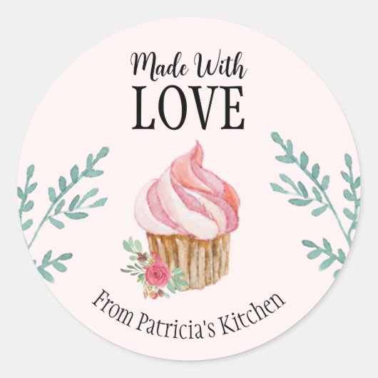 Sticker Rond Cuisson customisée Aquarelle rose Fleur Cupcake (Devant)