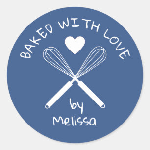 Sticker Rond Cuit Avec Amour Accueil Baker Whisk Bleu Et Blanc