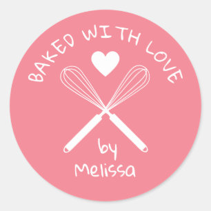 Sticker Rond Cuit Avec Amour Accueil Baker Whisk Rose Et Blanc