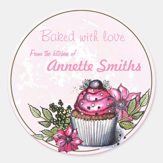 Sticker Rond Cuit Avec Amour / Cupcake/ Personnalisé (Devant)